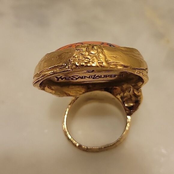 Yves Saint Laurent YSL 5 Arty Orange Coral Cabochon Limited RARE 24k Gold Ring - Picture 9 of 14